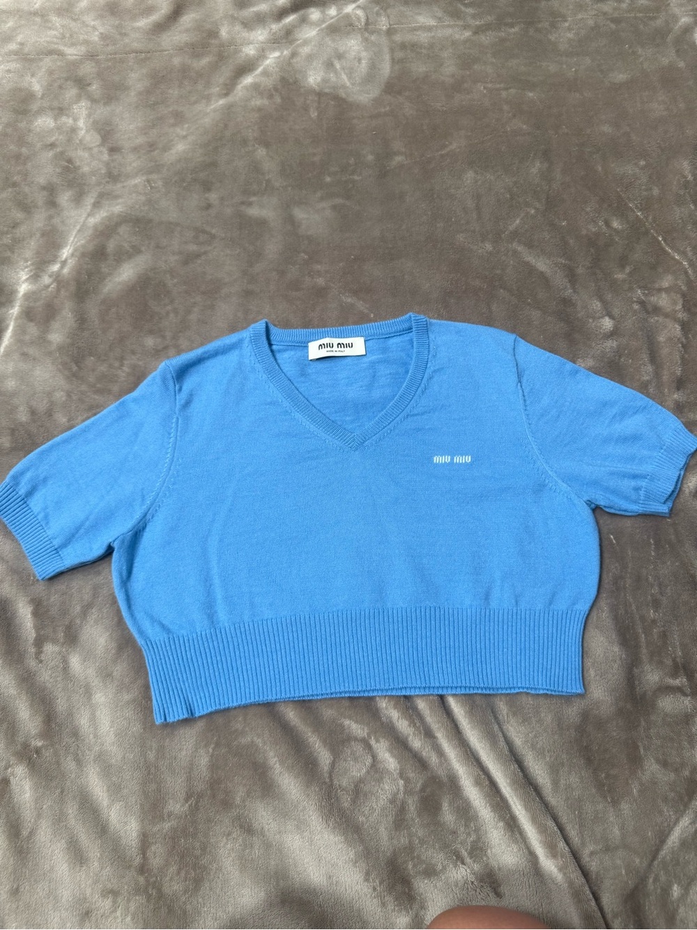 Miu Miu Bright Blue V-Neck Cropped Knit Top